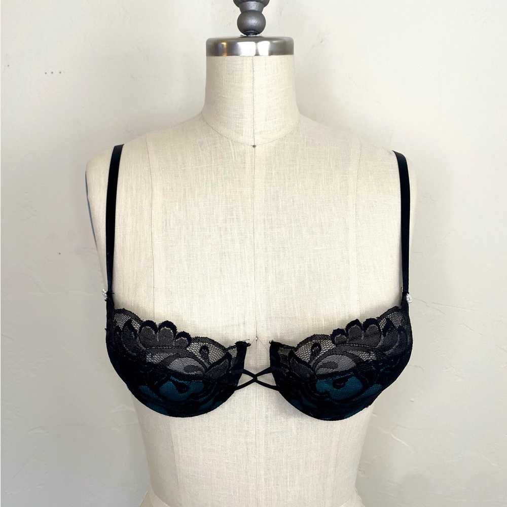 Rare Vintage Victoria's Secret Green Black Lace Bra 36B Style 1915 80s 90s Sexy